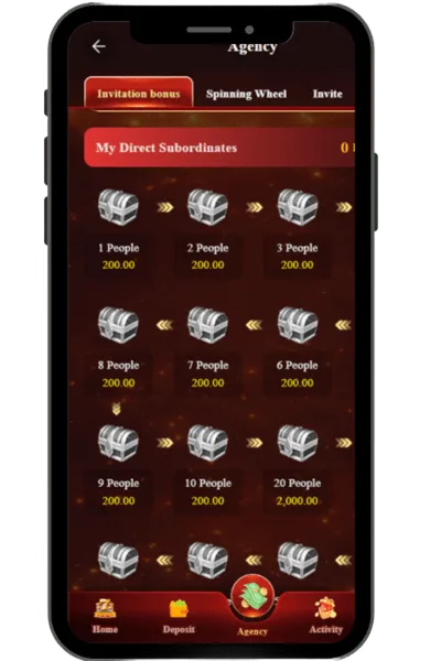 Illustration of a referral bonus screen showing a shareable invite link, user commission details, and stacked cash rewards earned from friends in 666 RS Game.