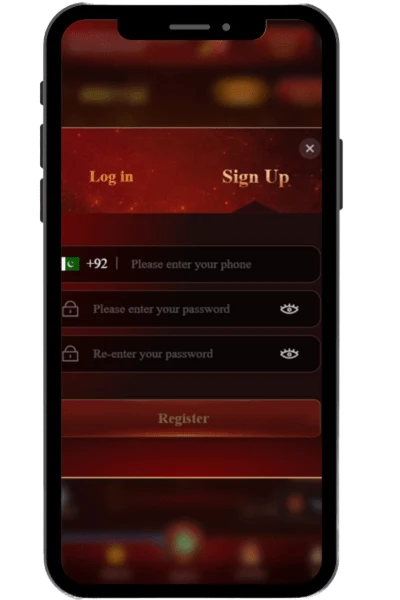 Screenshot of the 666 RS app interface showing the login screen with mobile number input, password field, and a prominent register button for new users