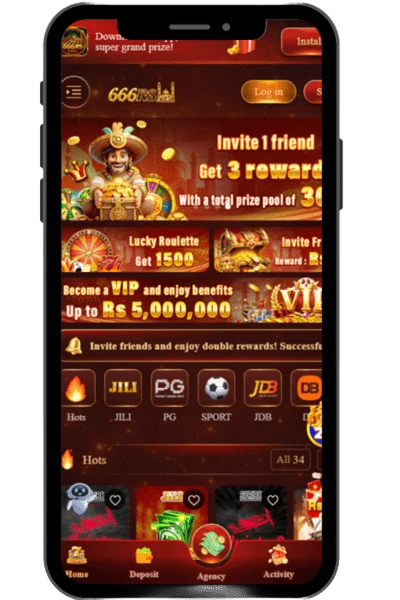 Home screen of the 666 RS entertainment app displaying colorful game icons and welcome bonus banner.