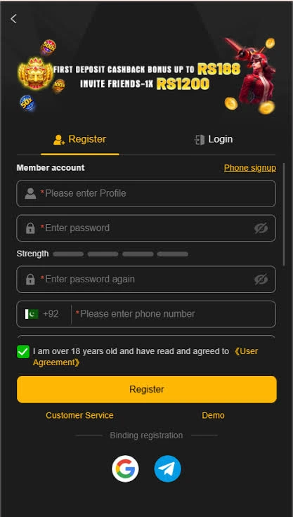 Mobile registration interface illustrating the process of creating an account on an online gaming platform.