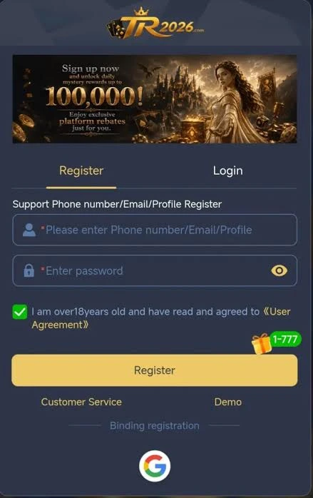 A mobile interface illustrating the account registration and signup process for an online gaming platform.