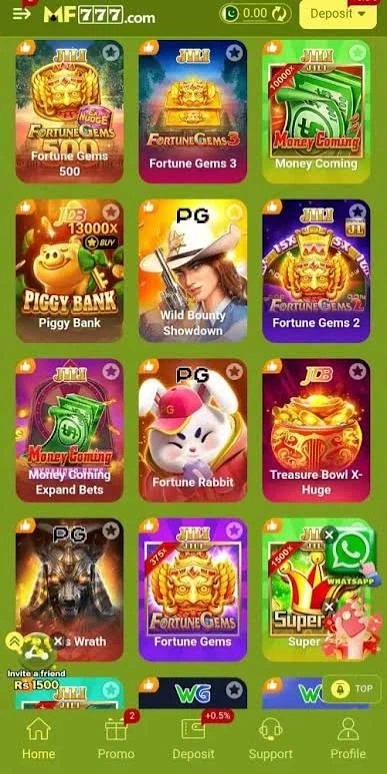 MF777 Game home screen showing slots, cards, and live games